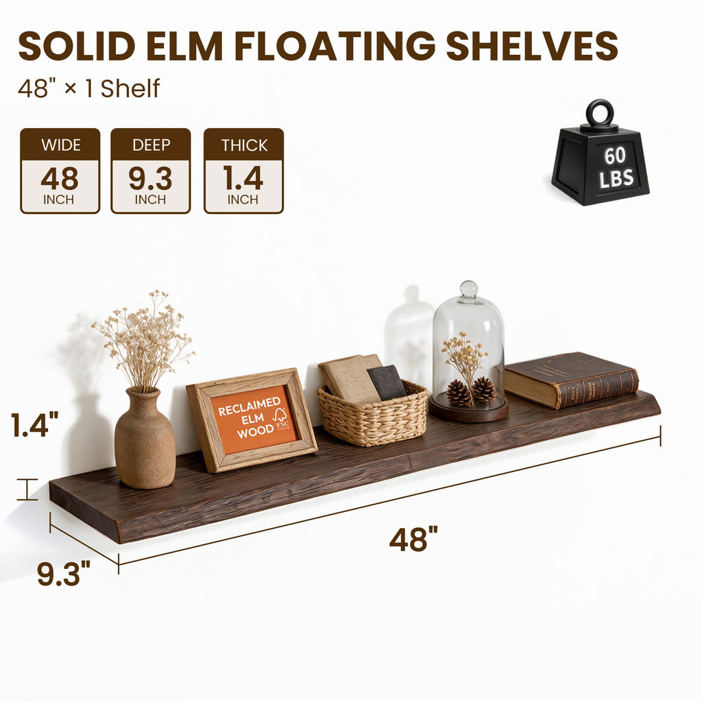 48 Inch Floating Shelves for Wall, Live Edge Wall Shelves 1 Pack