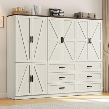 74" Tall Farmhouse Armoire Wardrobe Closet with Sensor LED Light(White ABB)
