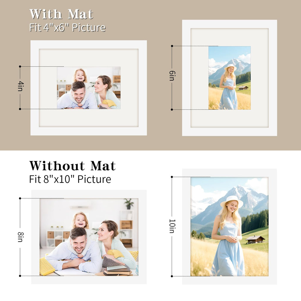 8x10 Picture Frames Solid Wood 4x6 Photo Frame with Mat White 2 Pack