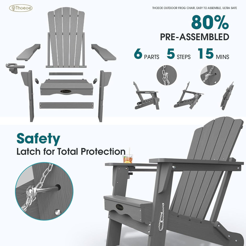 Folding Adirondack Chair, HDPE All-Weather Outdoor Chair | with Cup Holder, Wood Grain, Wide Armrest, Fire Pit Chair