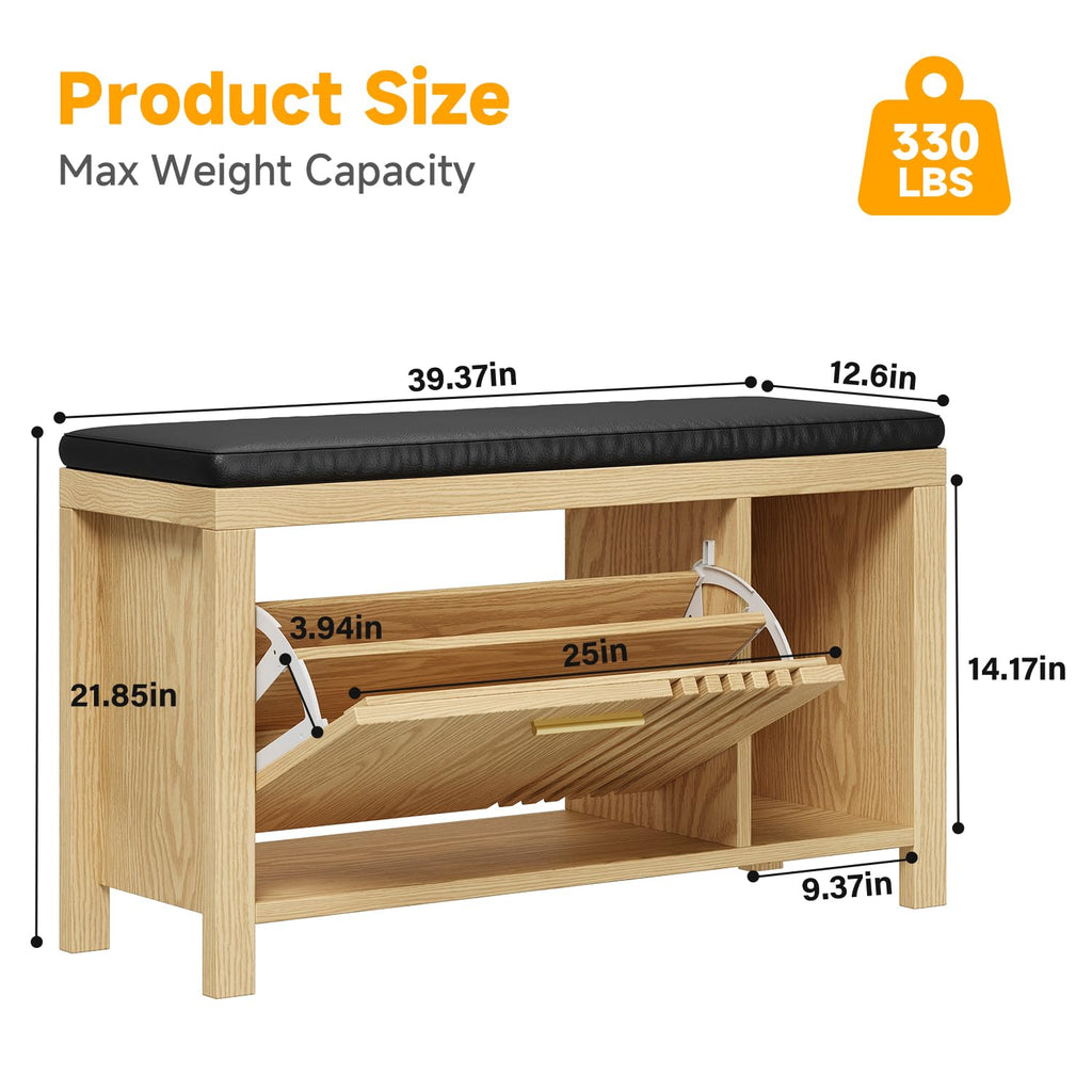 40" Shoe Storage Bench with Flip Drawers & Padded Seat Cushion