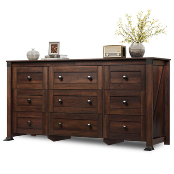 Brown Dresser, 9 Drawer Wooden Chest of Drawers with SGS-Tested Anti-Tip Design, 62 Inch Wide Rustic Dresser TV