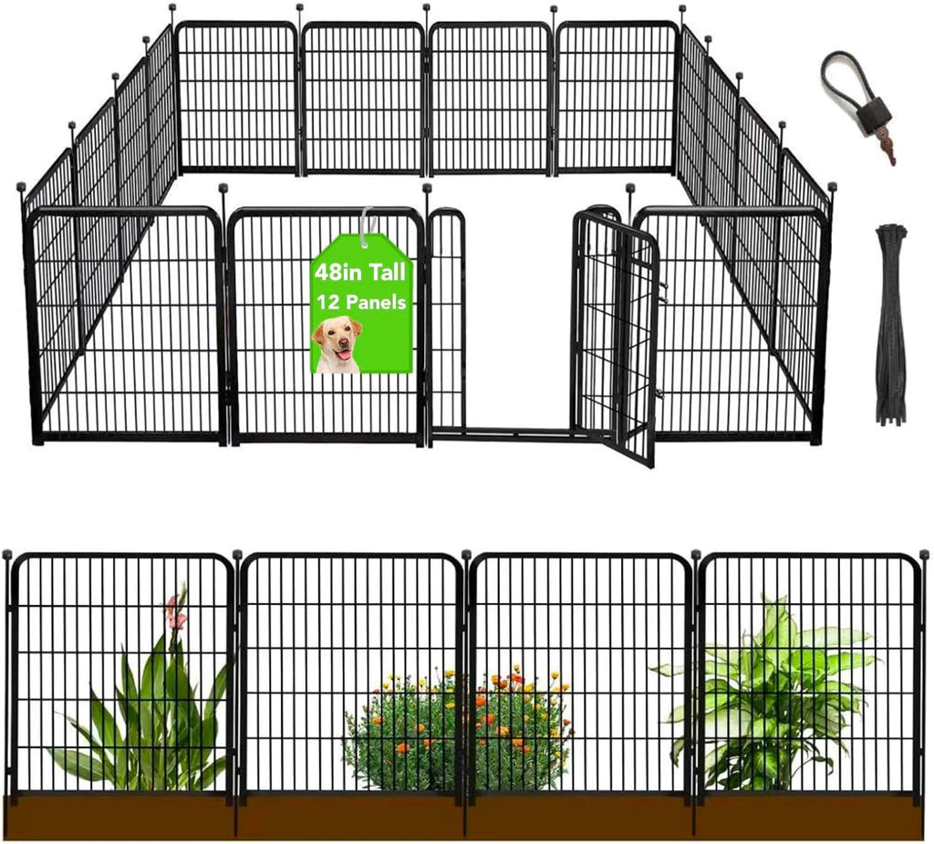 Tall Garden Fence with Gate 48 in(H)×27 in(L) 12 Panels Total 26.6 Ft(L), Garden Fencing to Keep Dogs Out, Heavy Duty