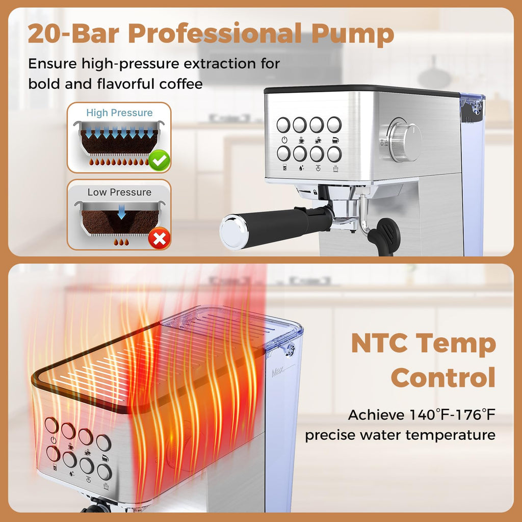 Espresso Machine 20 Bar, Compact Stainless Steel Coffee Maker