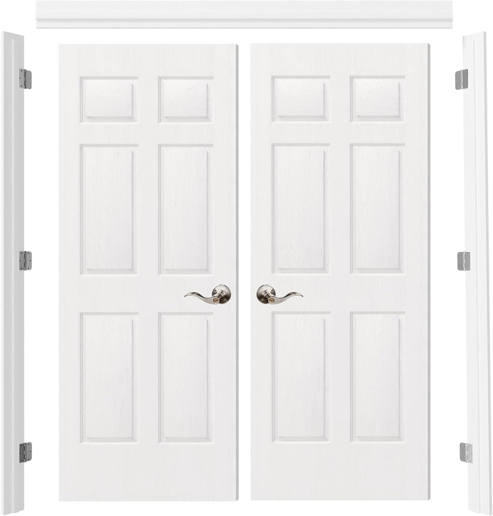 French Doors, 60" x 80" Hollow Core Interior Doors with Door Jamb & Hardware Kit and Silver Door Levers, 6-Panel