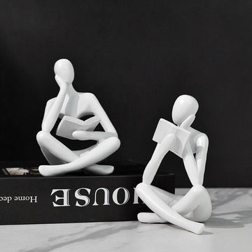 2 Pieces Home Decor White Reading Thinker Statue Modern Figurines Abstract Aesthetic Sculpture Thinker Resin Statue