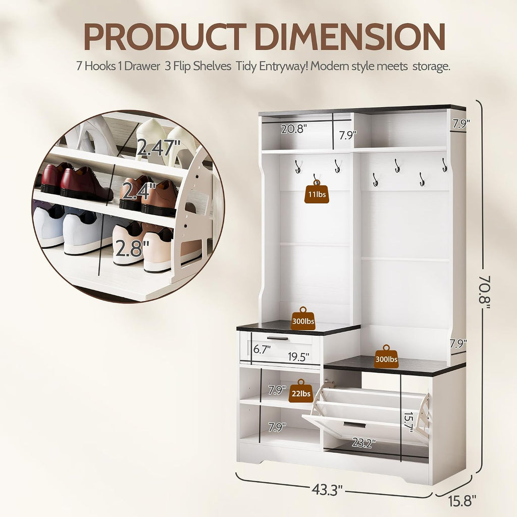 Hall Tree with Bench and Shoe Storage, 6-in-1 Entryway Coat Rack with Flip Drawer Shoe Cabinet, 7 Hooks, 4 Storage