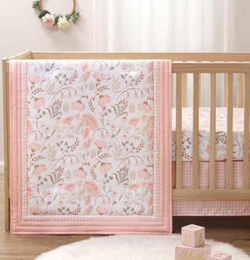 Whimsical Floral 3 Piece Baby Crib Bedding Set for Girls, Pink Botanical Nursery Decor, Reversible Comforter, Crib