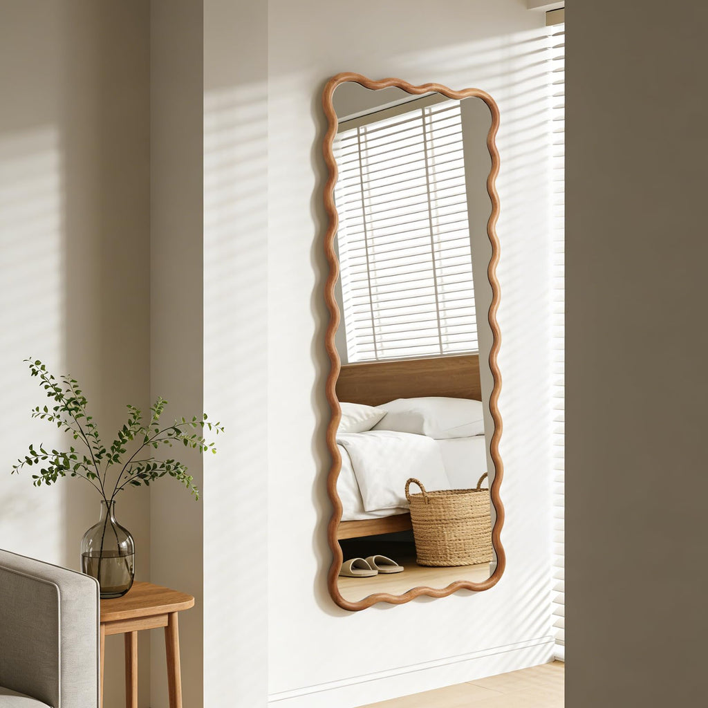 24"x65" Full Length Mirror with Wood Frame, Natural Wood Wavy Mirror, Decorative Floor or Wall Mounted Mirror and