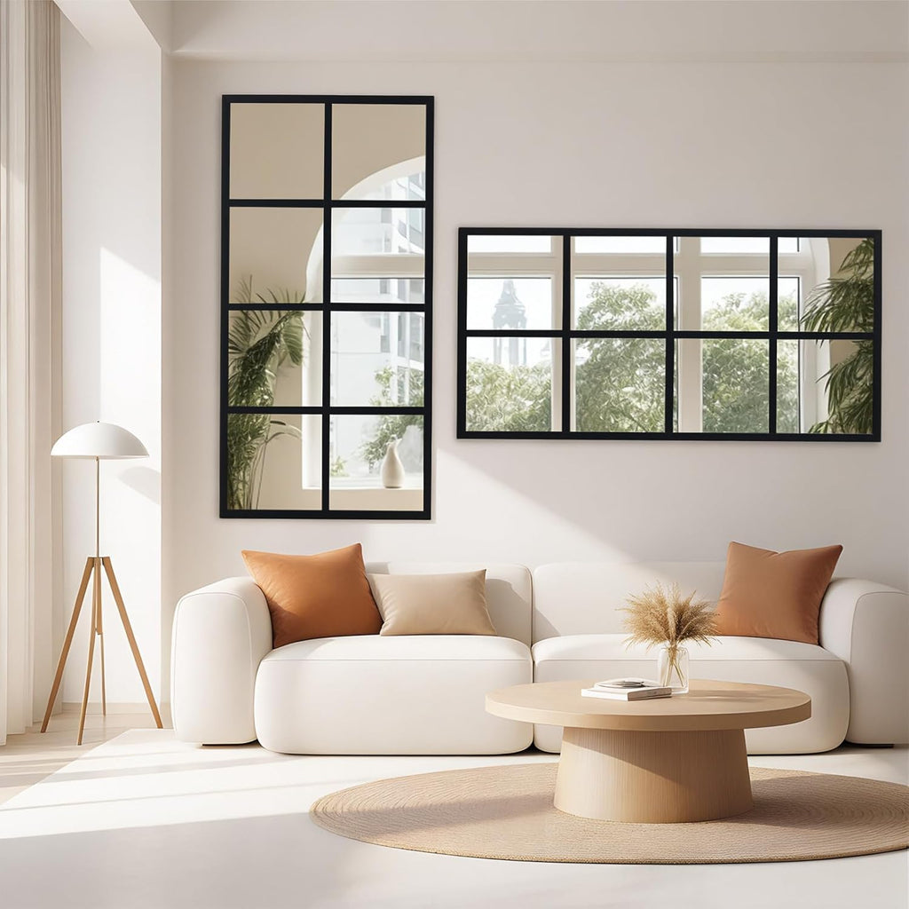 Wall Mirror 16" x 32", Set of 2 Rectangle Window Pane Decorative Mirrors, Metal Framed Wall Mounted Mirror