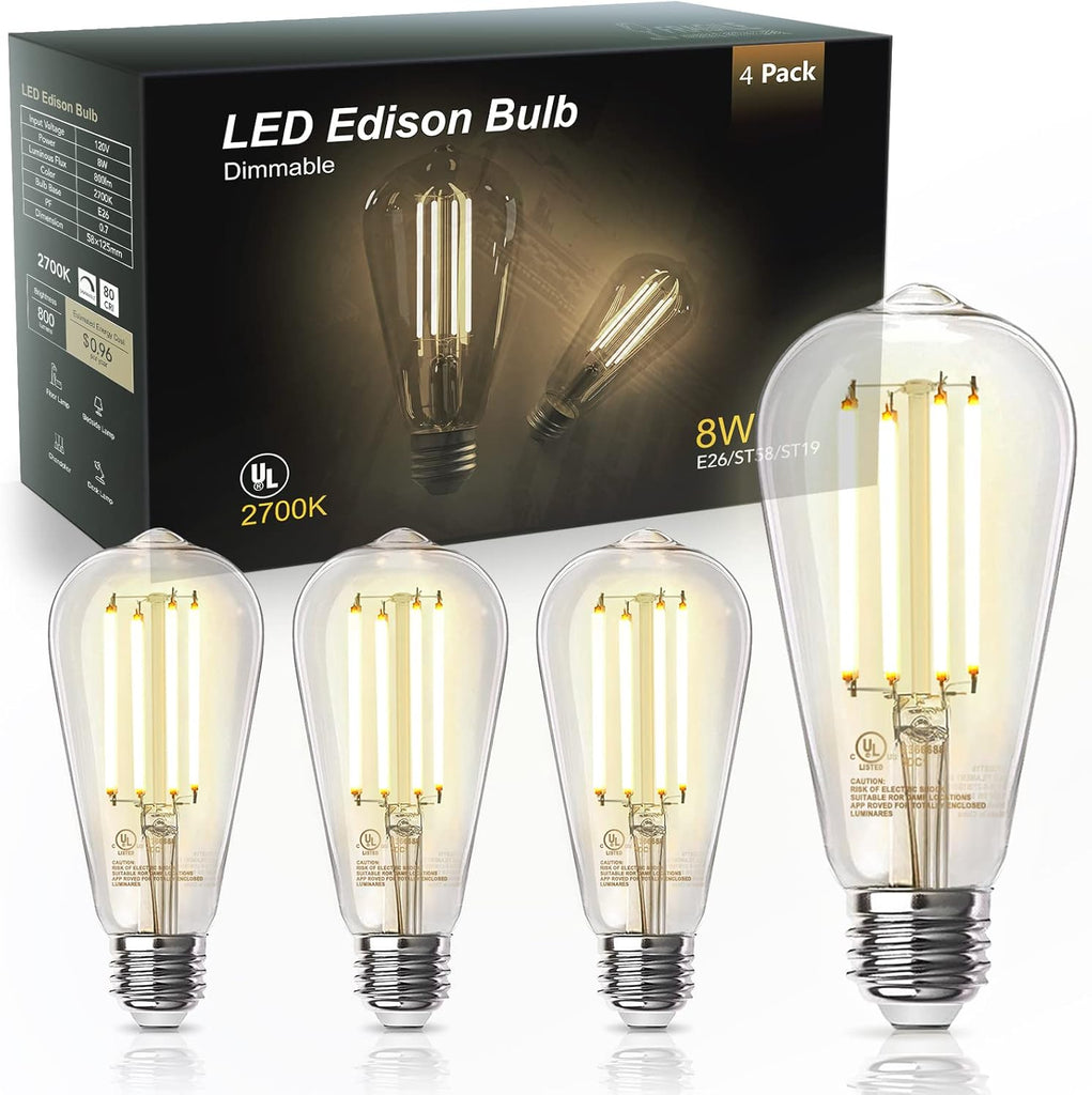 Edison Light Bulbs 60W Equivalent, Dimmable Vintage LED Light Bulbs, E26 Medium Base, Warm White 2700K, ST58, 8W