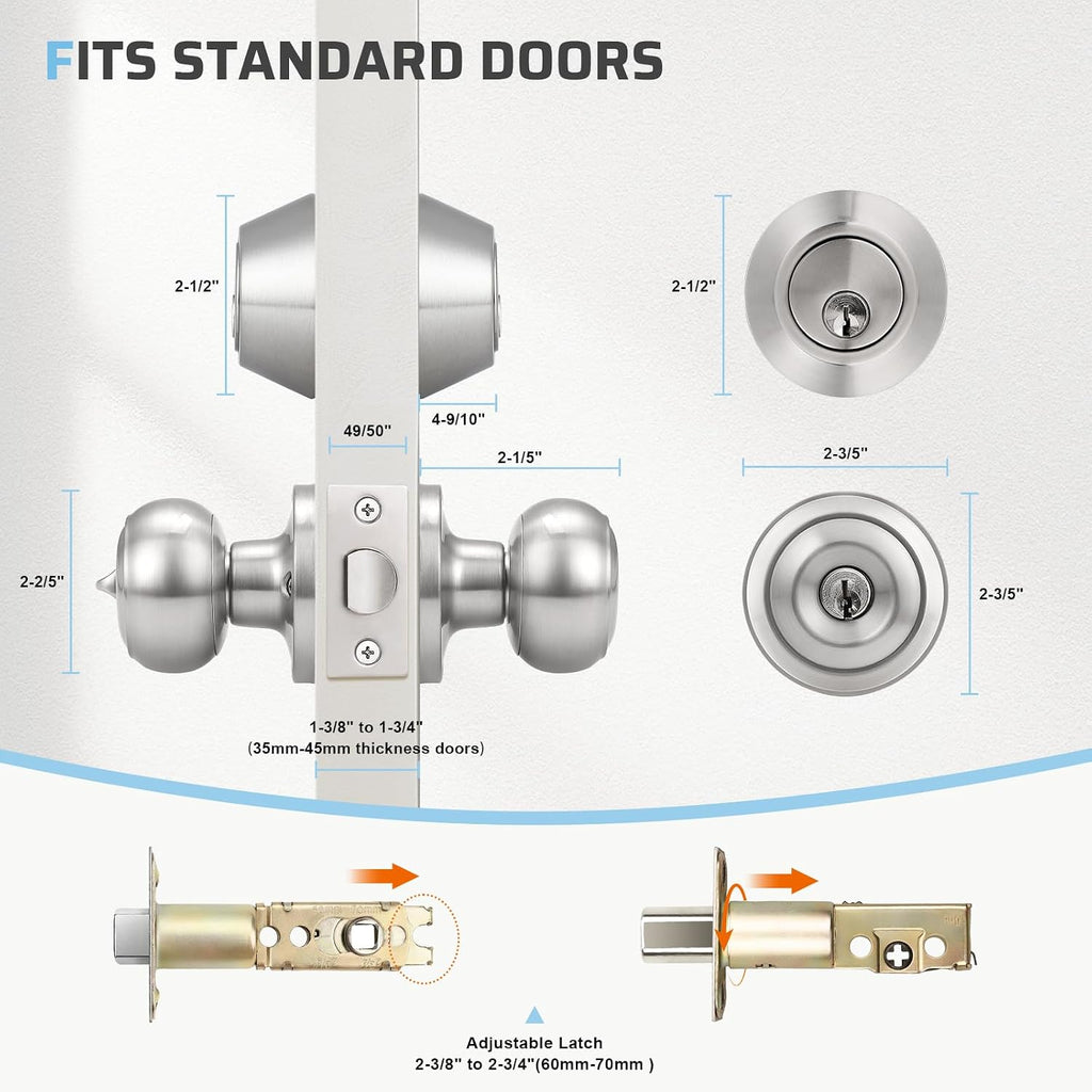 2 Pack Keyed Alike Door Knob and Double Cylinder Deadbolt Set, Exterior Door Lock Set, Double Keyed Door Knob, Satin