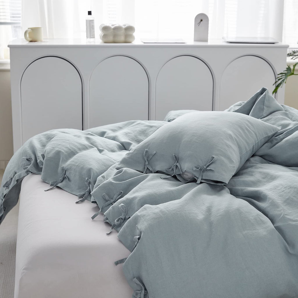 100% Linen Duvet Cover Set 3pcs with Bowknot Ties Closure Natural French Washed Flax Solid Color Soft Breathable