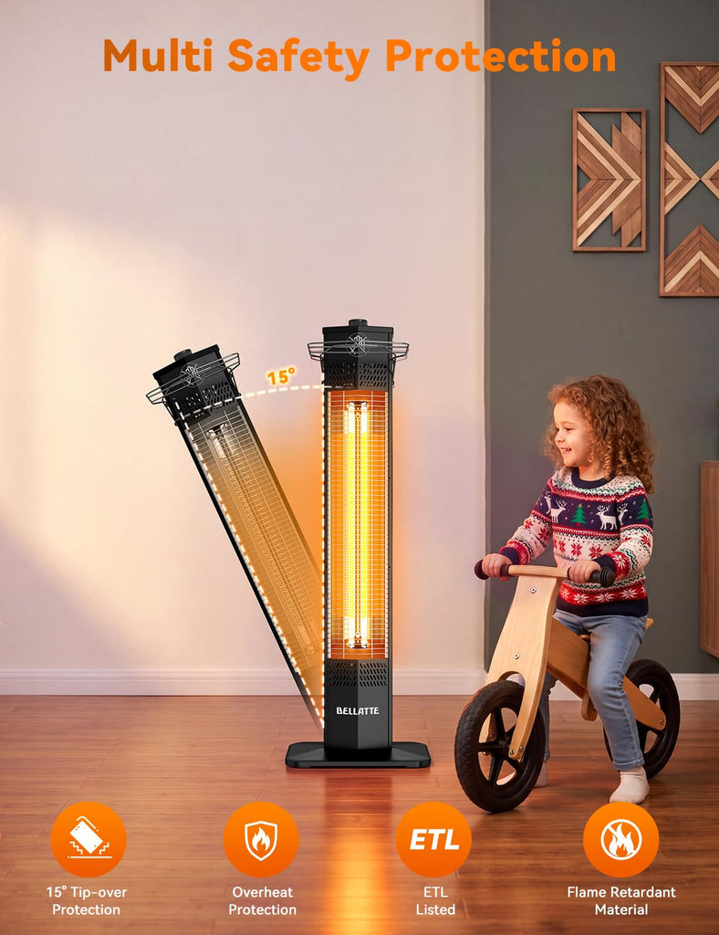 Patio Heater for Outdoor Use, 1500W 36-inch Infrared Electric Heater, Instant Heating, 3 Levels, Tip-Over & Overheat