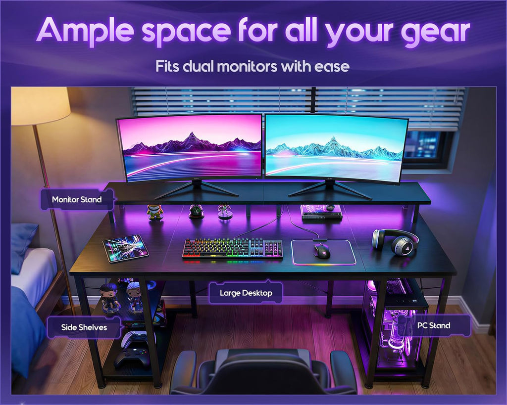 55 Inch Gaming Desk with LED Lights & Storage Shelves, Black | Customizable LED lighting • Raised monitor stand •