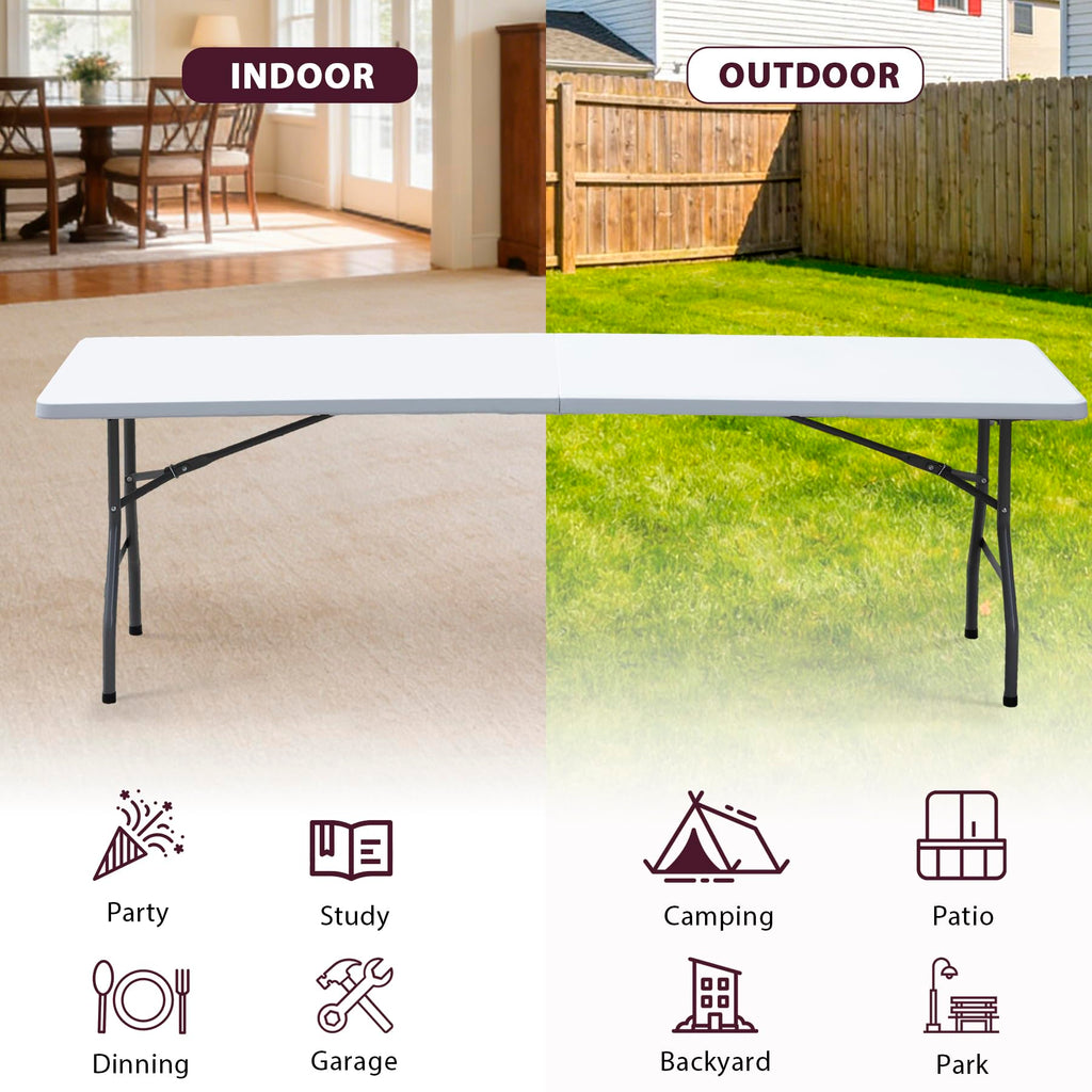 8FT Folding Picnic Table for Indoor Outdoor, Portable Fold-in-Half Plastic Dining Camping Party Table with Carrying