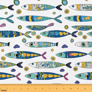 Boho Watercolor Fish Waterproof Fabric by The Yard Geometric Fishes Bohemian Print Sea Creature Home DIY Fabric by