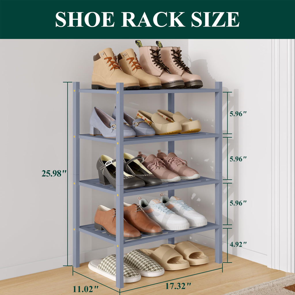 Bamboo Shoe Rack, 5 Horizontal Slats, 4 Tier - 17.3" Wide, Grey