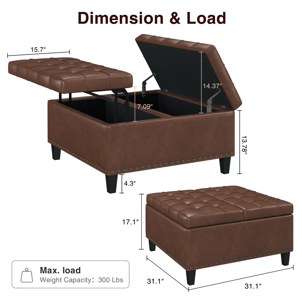 31.5 Inch Large Square Ottoman with Storage, Faux Leather