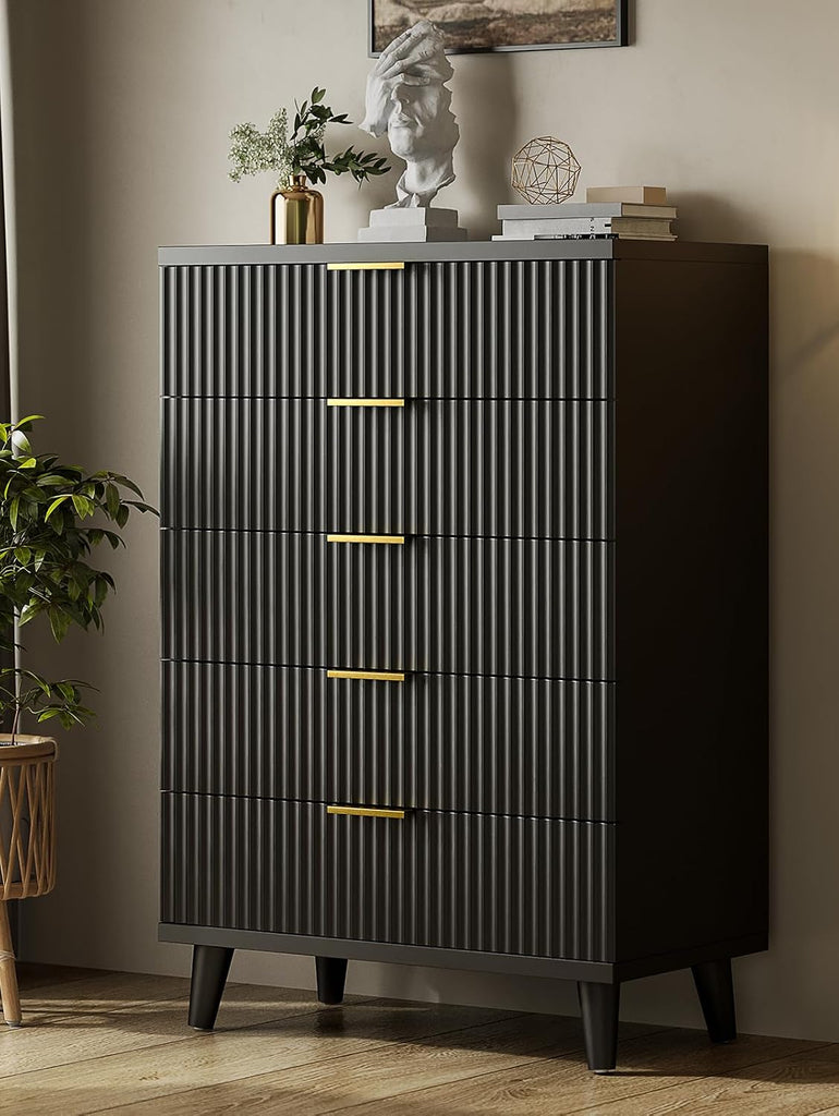 Black Dresser Wood Tall Dressers Drawers, Fluted Modern Dresser 5 Drawers Black