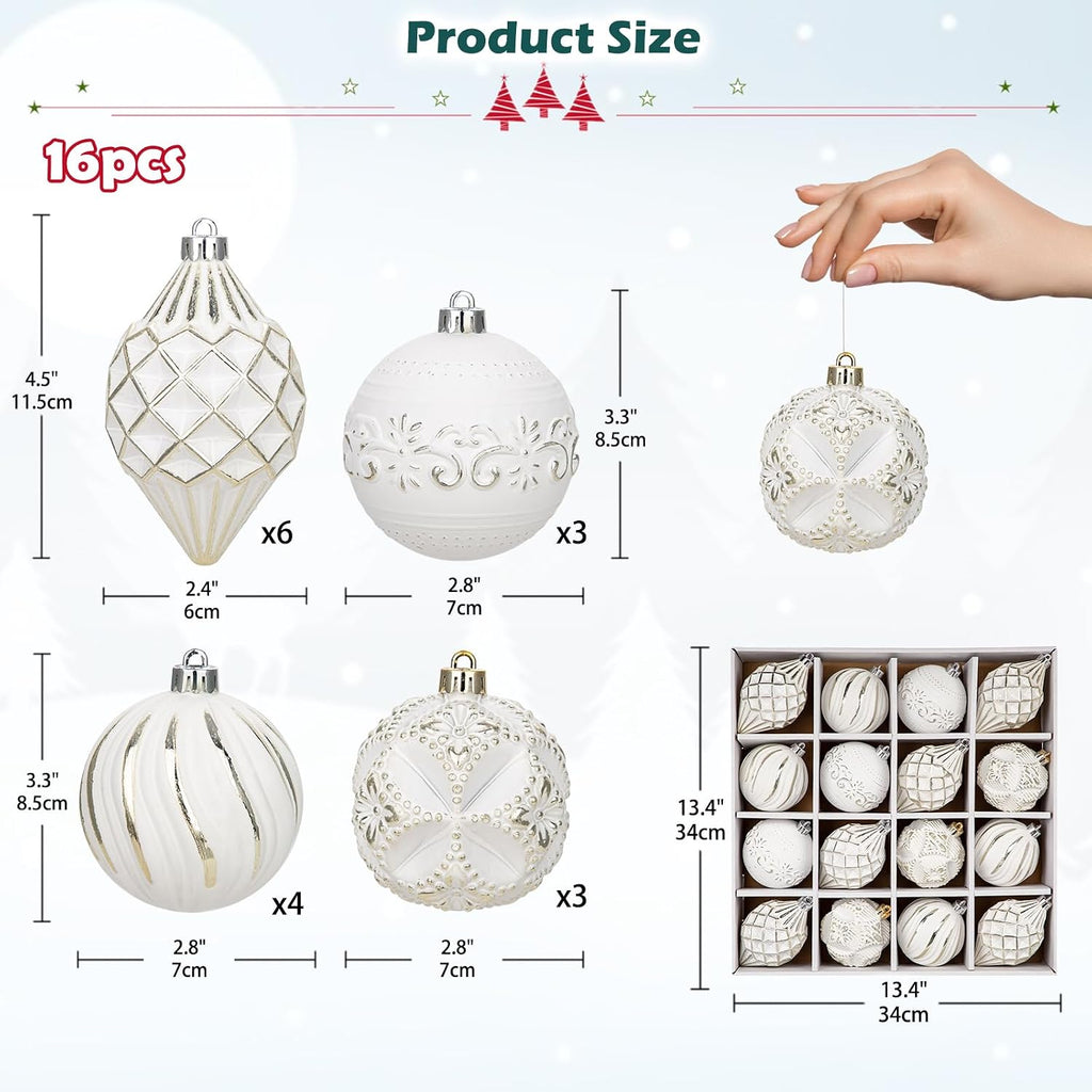 Shatterproof Christmas Ball Ornaments Set, Hand-Painted Holiday Decor with Assorted Sizes & Designs - Set of 16