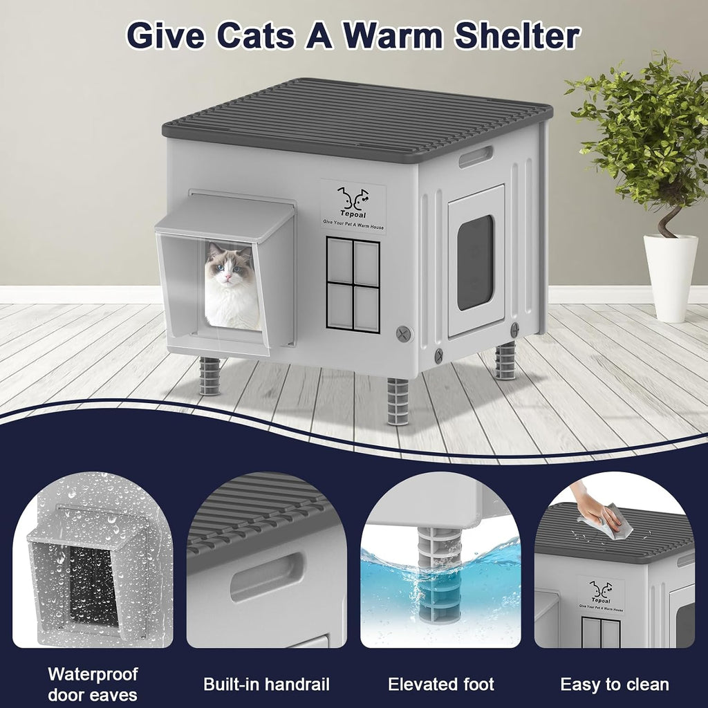 17.7"x17"x17.5" Indestructible Heated Cat House for Outside Winter, Weatherproof Outside Cats Shelter with Safety