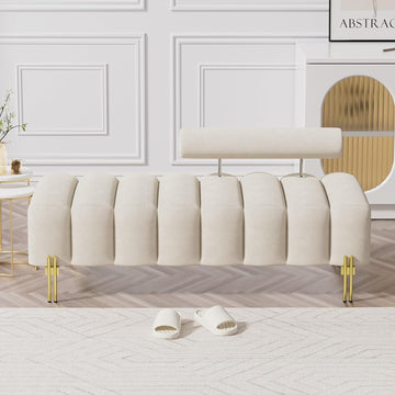 52.2" Velvet Upholstered Bench Ottoman with Adjustable Backrest,Beige White | Modern Channel Tufted End of Bed Bench