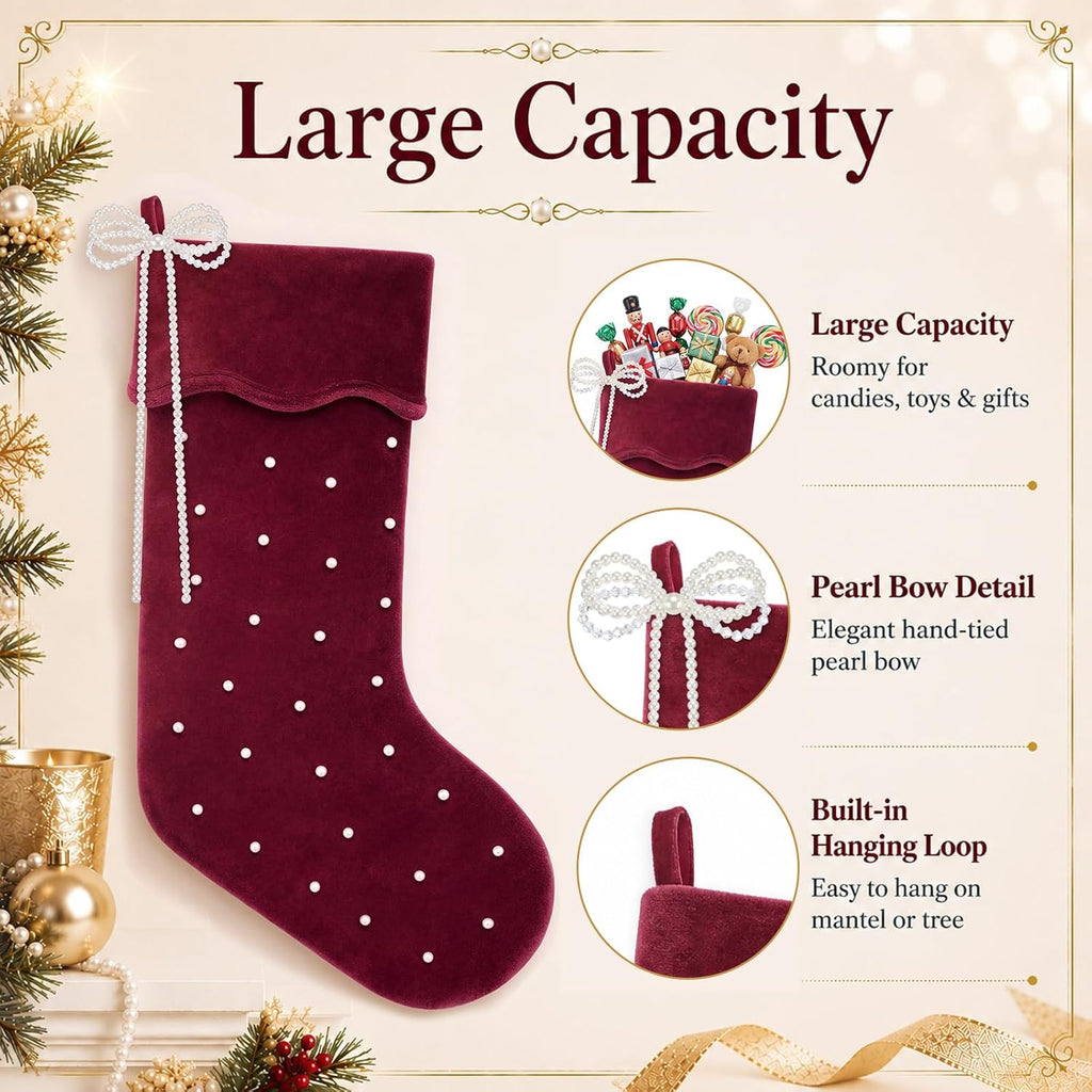Inch Red Velvet Christmas Stockings with Pearl, Bow - Set of 2