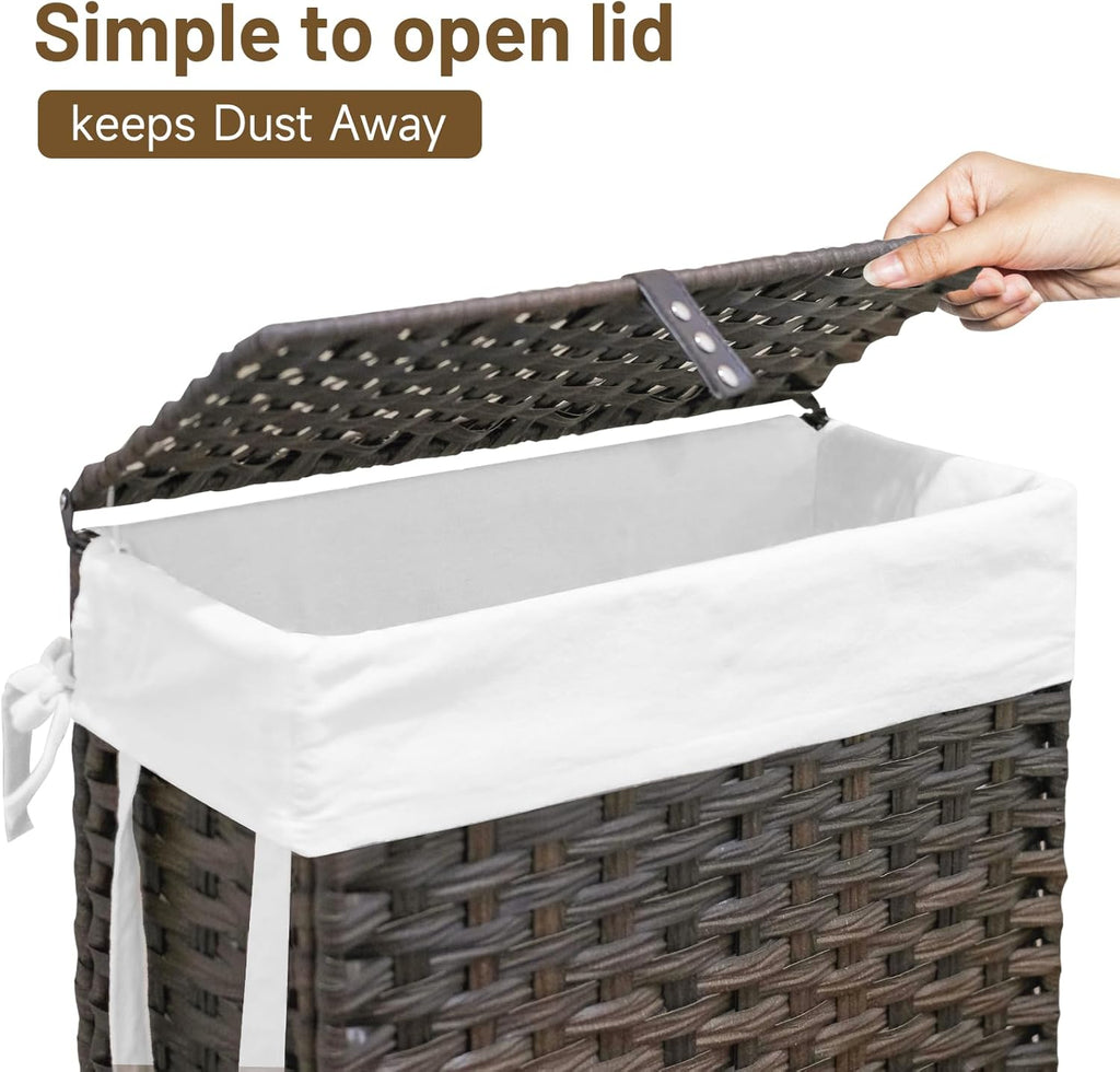 70L Slim Laundry Hamper with Lid & Wheels, Rolling Laundry Basket with 2 Removable Liner Bags & 3 Mesh Bags, Narrow