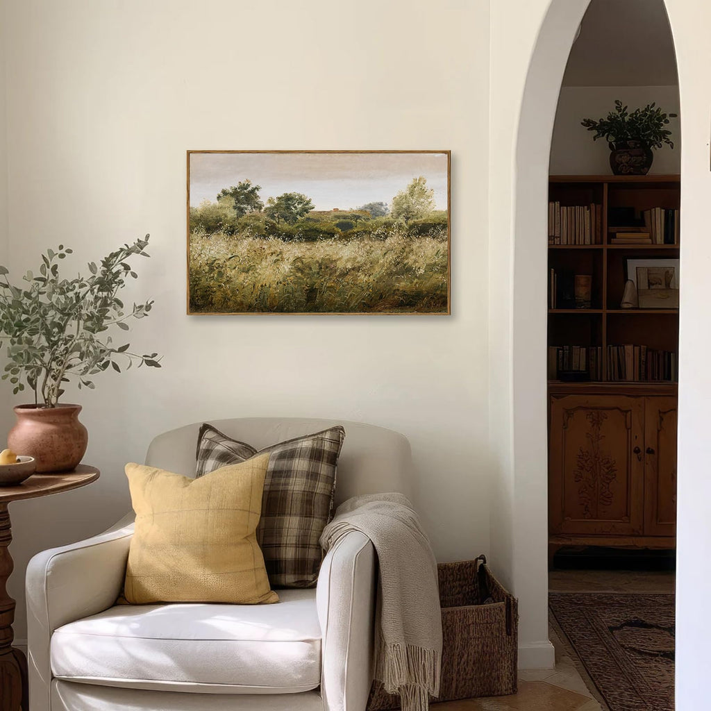 Framed Canvas Wall Art, Vintage Meadow Landscape Wall Art Prints, Retro Country Wildflower Field Farmhouse Wall Decor