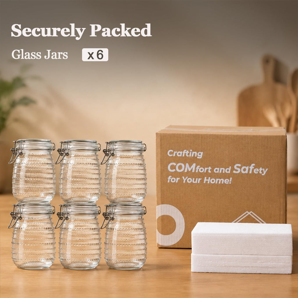 Glass Pantry Jars with Airtight Lids 34 oz 6 Pack Wide Mouth Hobnail