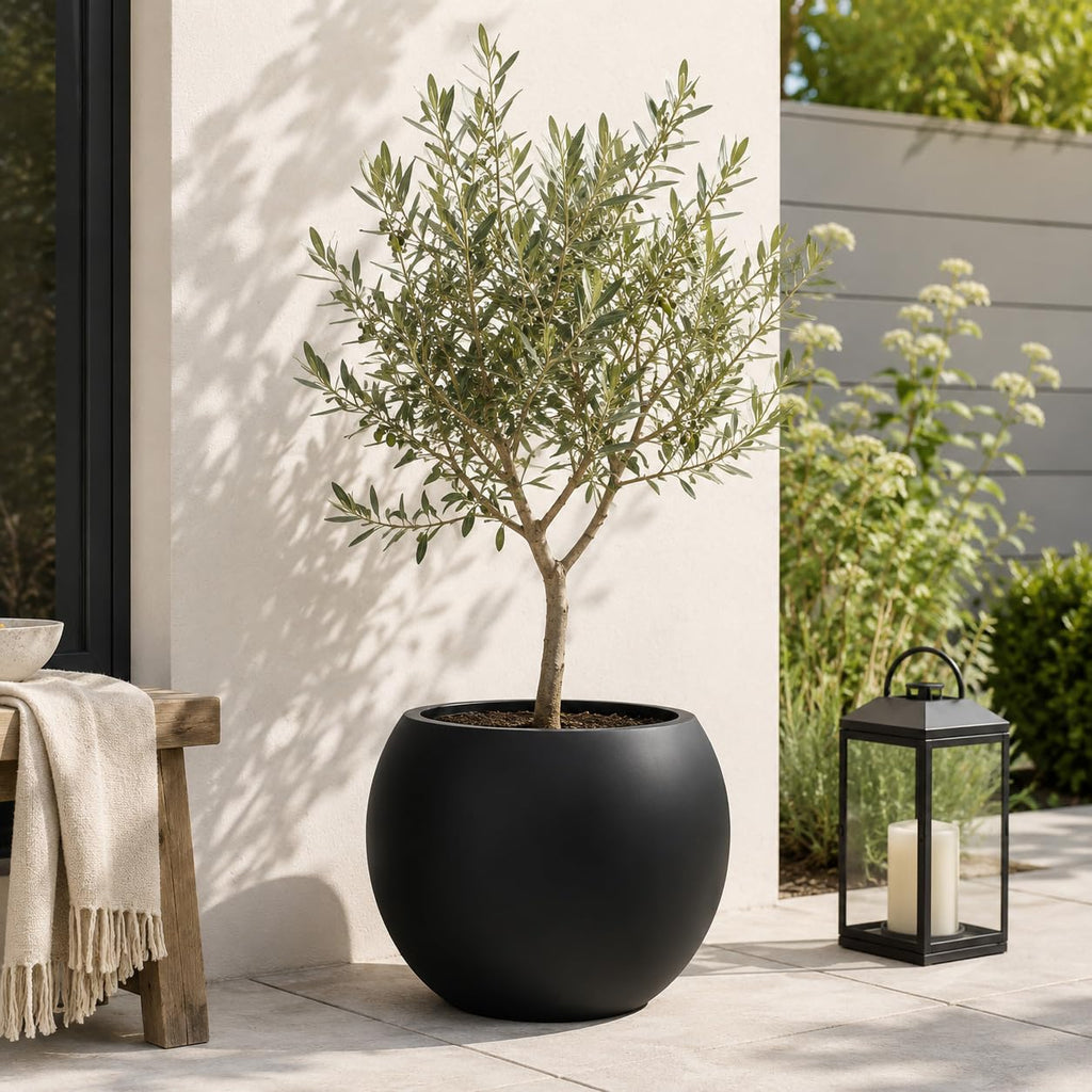 13.5 H x 17" Dia (12" Pot Opening) Black Round Fiberstone Planter with Drainage Hole, Indoor/Outdoor Large Plant Pot