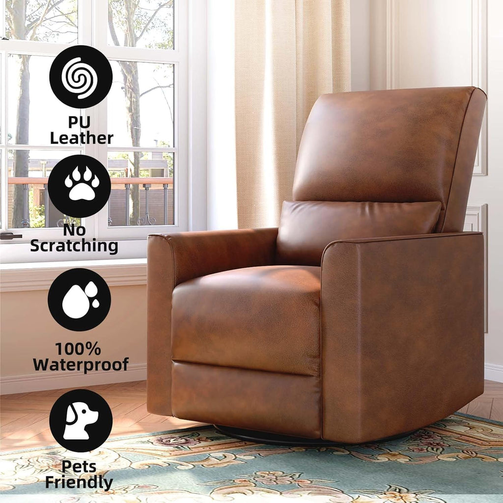 Swivel Rocking Recliner Chair, Manual Leather Recliner Glider with | Lumbar Support & Padded Armrest, Comfortable