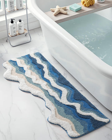 Cute Bath Mat, Sea Ocean Wave Bathroom Rugs, 43x26 Blue