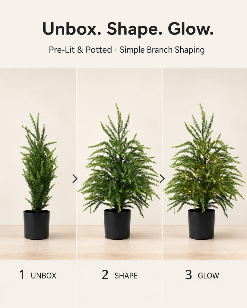 Nioclub 2FT Pre-Lit Artificial Norfolk Christmas Tree Realistic Potted Tree