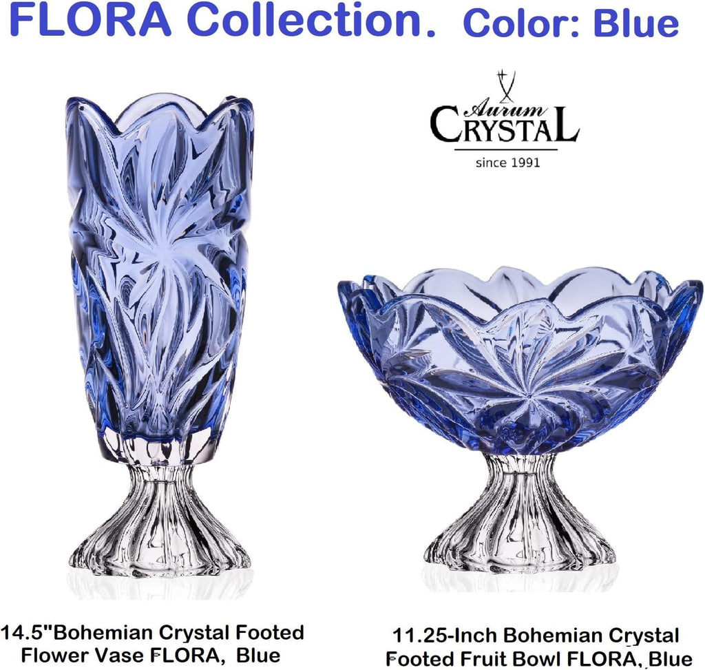 11.25-Inch Bohemian Crystal Footed Fruit Bowl FLORA, Gift Platter, Crystal, Deep Plate, Blue