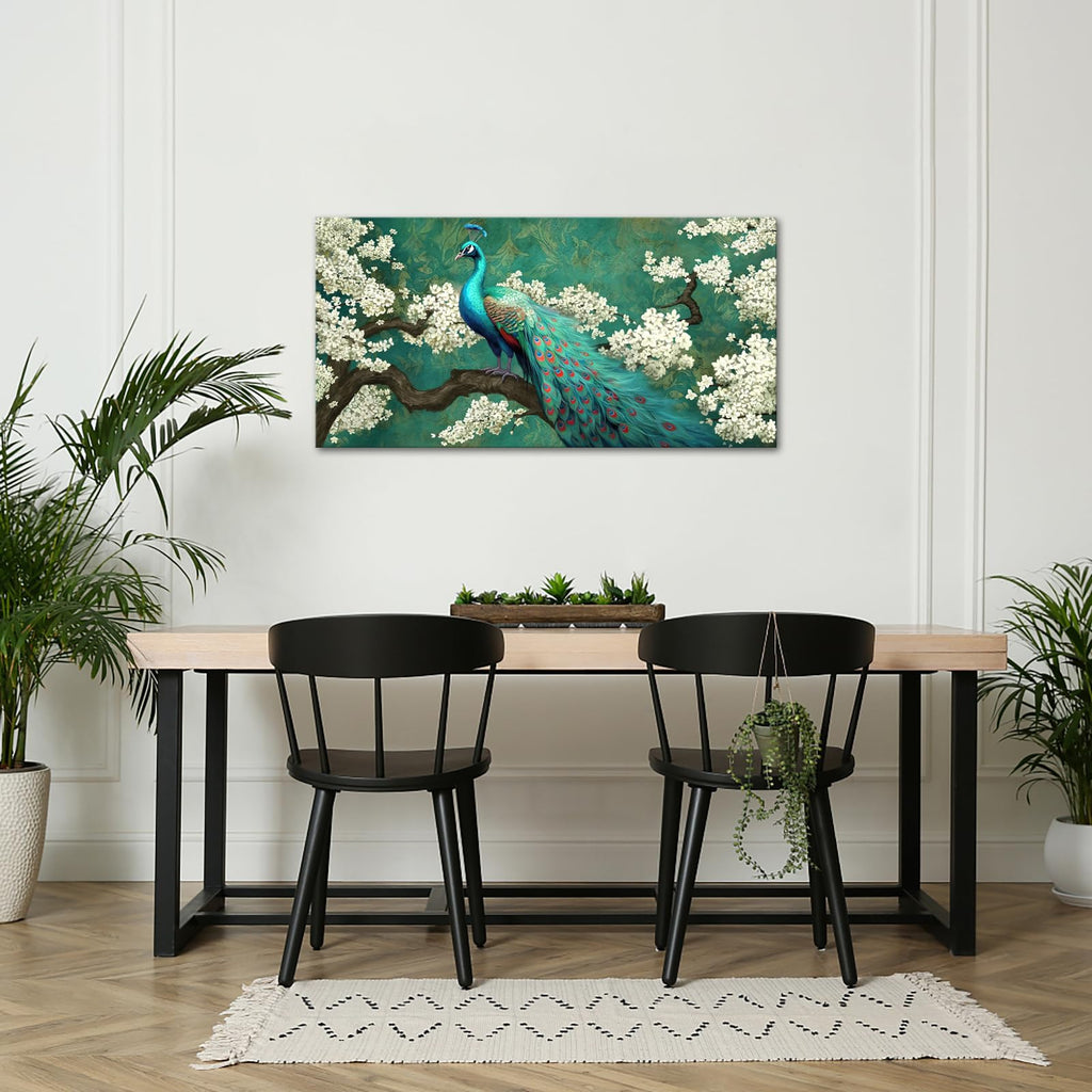 Peacock Canvas Wall Art Green and White Flower Elegant Animal Painting Pictures Artworks Bedroom Wall Decor Ready to