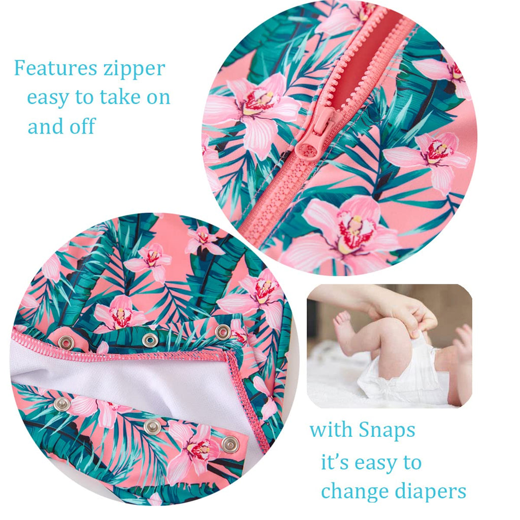 Baby Girls Swimwear Sets One Piece Rash Guard Swimsuit with Sun Hat (Pink, Tropical jungle )