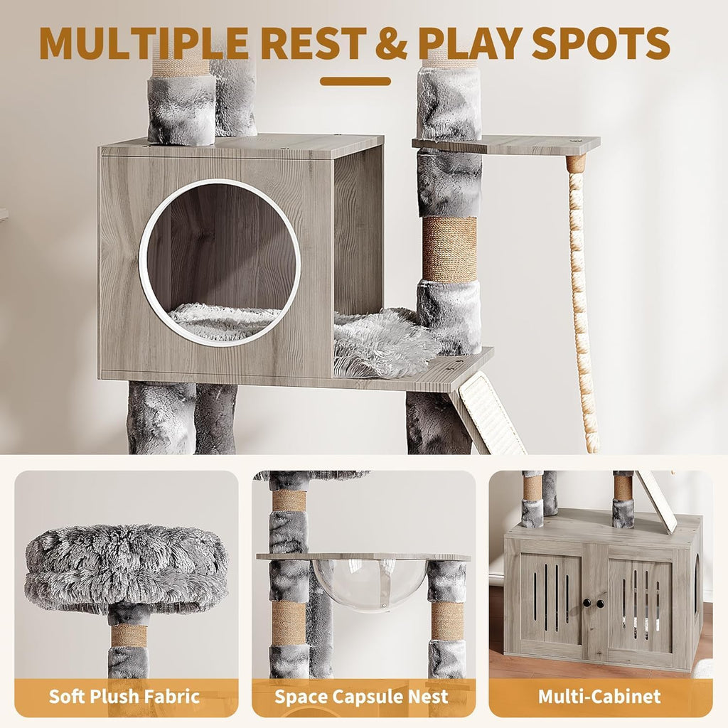 Cat Litter Box Enclosure with Cat Tree Tower and Condo, Hidden Cat Washroom Furniture with Sisal Scratching Post
