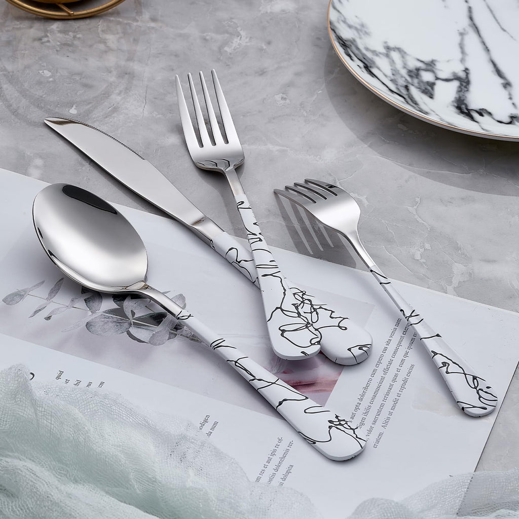 20-Piece White Silverware Set with White Handle 18/0 Stainless Steel Flatware Marbling Handle Cutlery Black Service