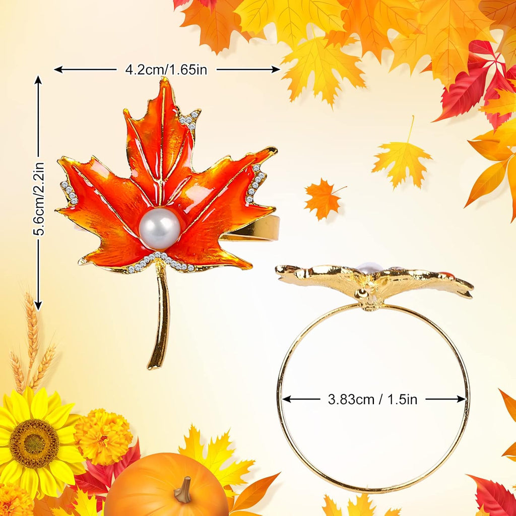 Maple Leaves Napkin Ring Holders Fall Thanksgiving Autumn Leaf Napkin Buckle with Faux Pearl Metal Dinner Table - Set of 8