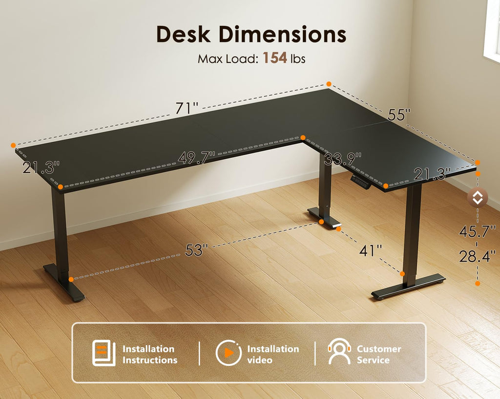 71 Inch Reversible L Shaped Electric Standing Desk, Black