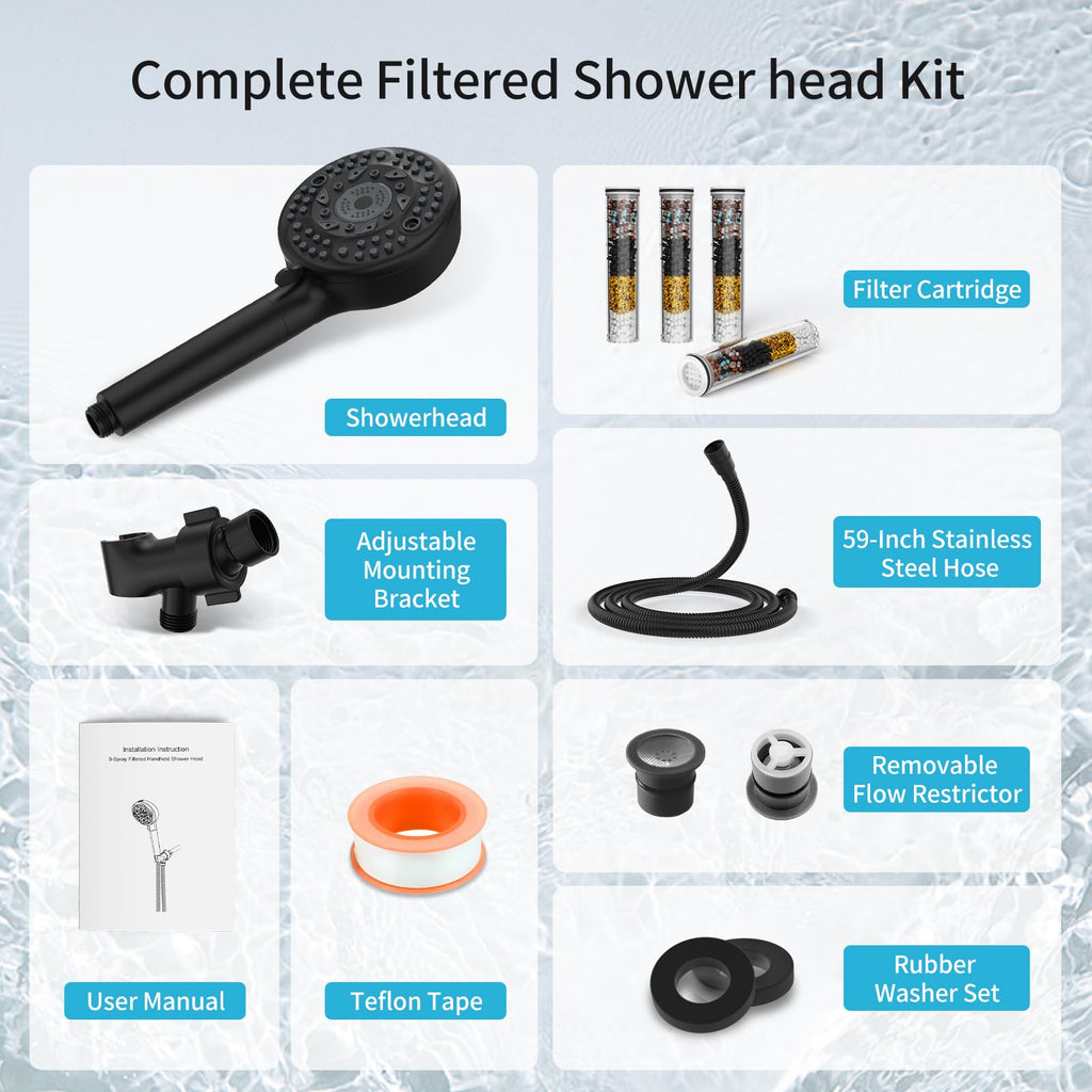 Filtered Shower Head with Handheld, 9 Spray Mode High Pressure Shower Head with 4 Filters, Hard Water Filter