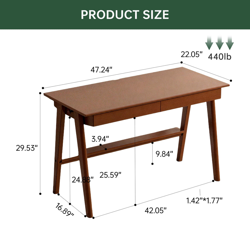 100% Solid Rubber Wood Desk Home Office Desk Mid Century Modern Writing Computer Desk with Drawer 47"