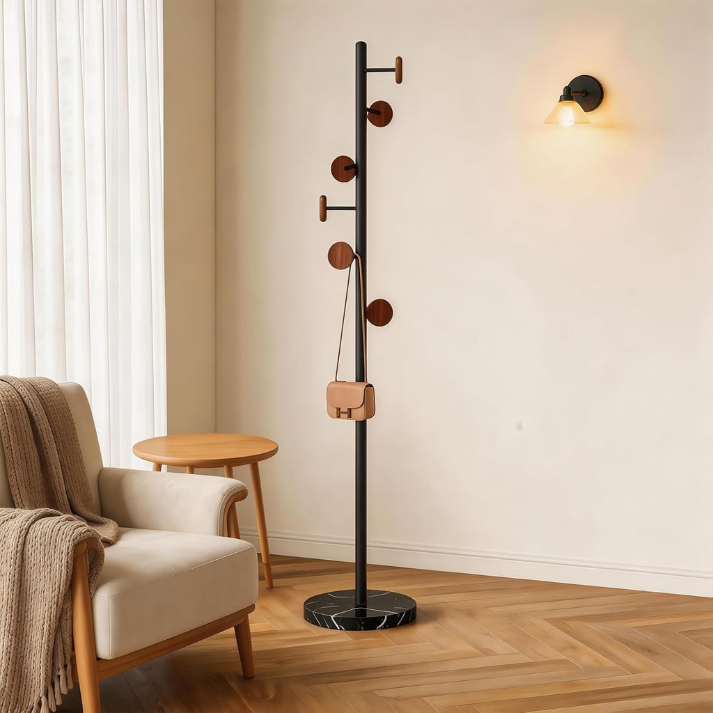 Freestanding Mid-Century Modern Coat Rack | Sturdy metal frame, solid marble base & round wood hooks, great daily