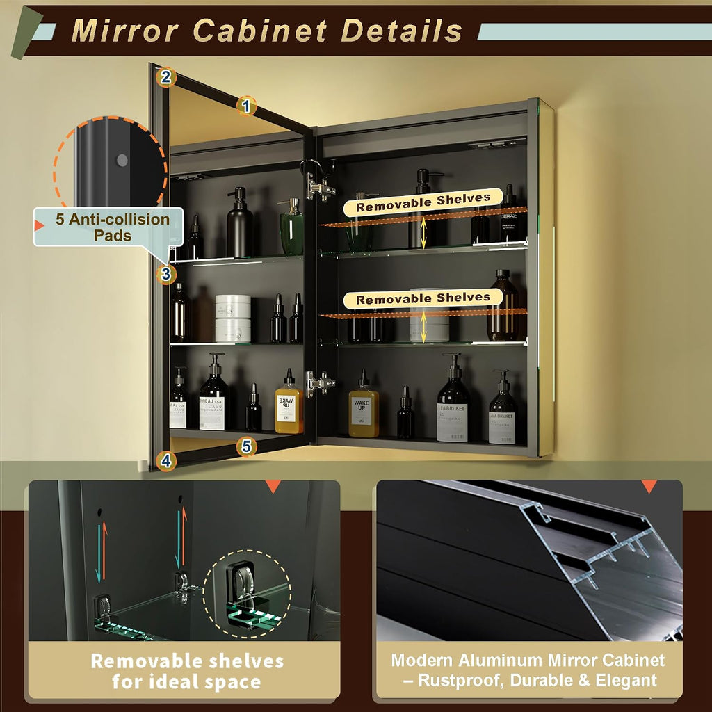 20 * 28 Left Hinge LED Bathroom Mirror Cabinet, Aluminum Medicine Cabinet | Light Adjustable, Sockets & USBs inside