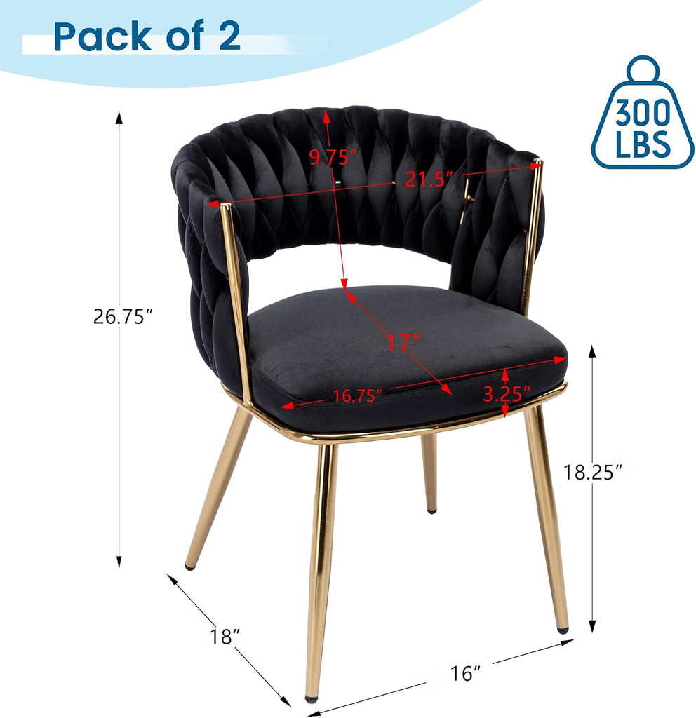 Velvet Dining Chairs Set of 2, Gold Modern Dining Chair with Metal Legs, Woven Upholstered Dining Chairs for Dining