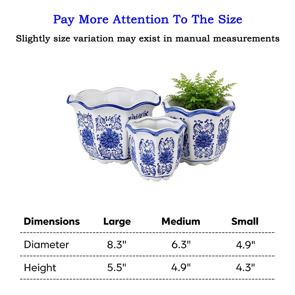 Chinoiserie Décor Planters, Ceramic Flower Pots with Drainage, Set of 3