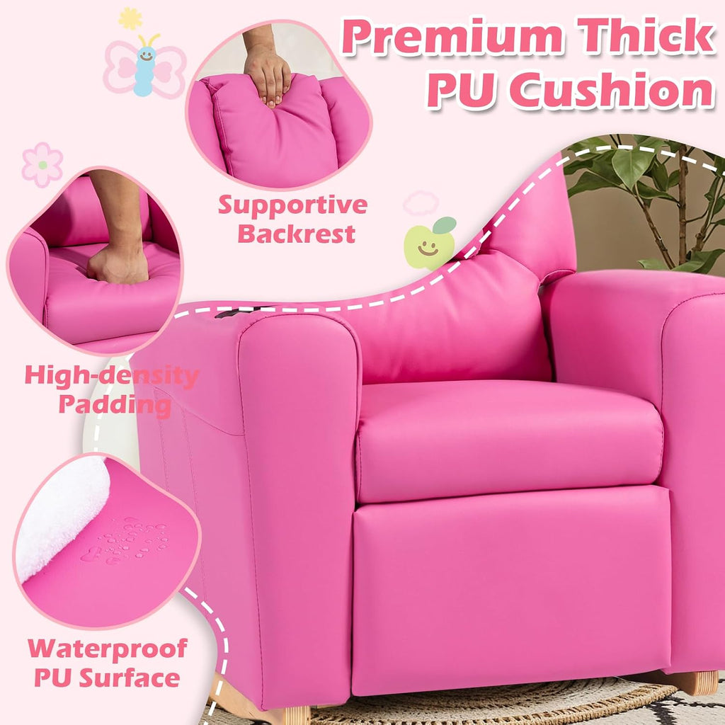 Kids Recliner Chair with Cup Holder, Leather Toddler Recliner with Adjustable Backrest, Curved Rocking Legs and Comfy