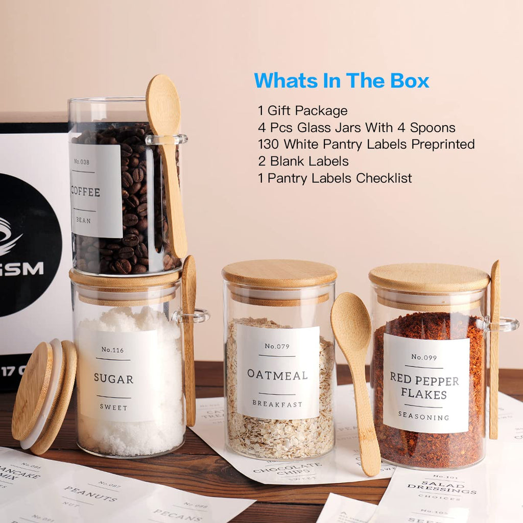 Glass Jar with Bamboo Lid and Spoon - 4 Pcs 17 oz Sugar Container with 132 Food Pantry Labels - Glass Containers with